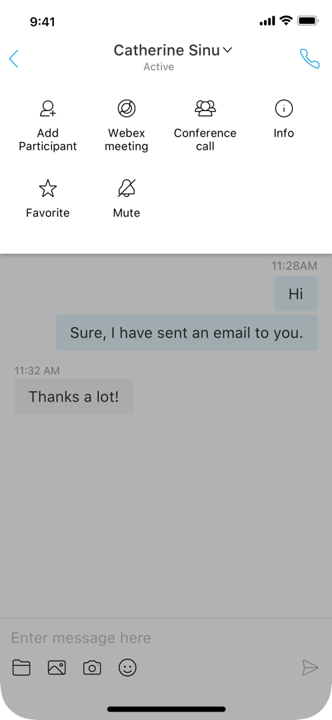 Interface of the Cisco Jabber app showing a professional chat conversation with integrated collaboration tools like Webex and conference calling.