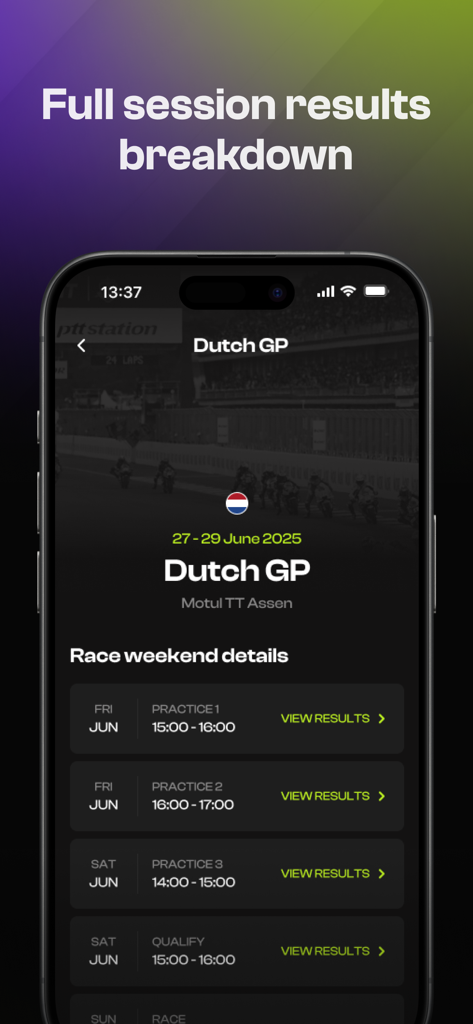 Raceboard - Racing Widgets - Raceboard app screen showing Dutch GP race weekend schedule and session results breakdown.