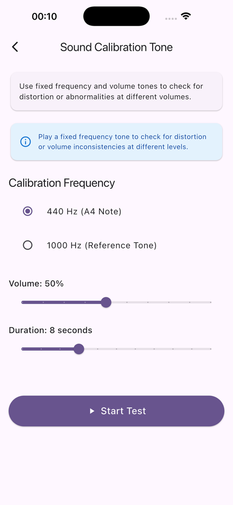 Interface of the Speaker Test app showing options for sound calibration tone including frequency selection and volume sliders