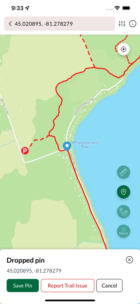 Bruce Trail App - Interfaz del mapa de la aplicación Bruce Trail que muestra un marcador colocado en una ruta de senderismo cerca de Whippoorwill Bay