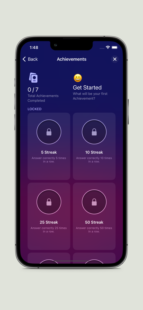 Georgian Alphabet - Game - Écran des réalisations montrant des étapes de séries débloquées dans l'application Georgian Alphabet Game