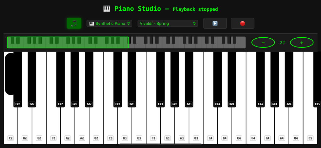 Uma interface de piano digital de 88 teclas com teclas rotuladas e controles de reprodução de música para "Primavera" de Vivaldi.