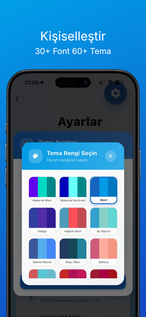 Kuran Analiz 2026 - Tela de seleção de tema do aplicativo Análise do Alcorão 2026 exibindo várias paletas de cores para personalização da interface do usuário.