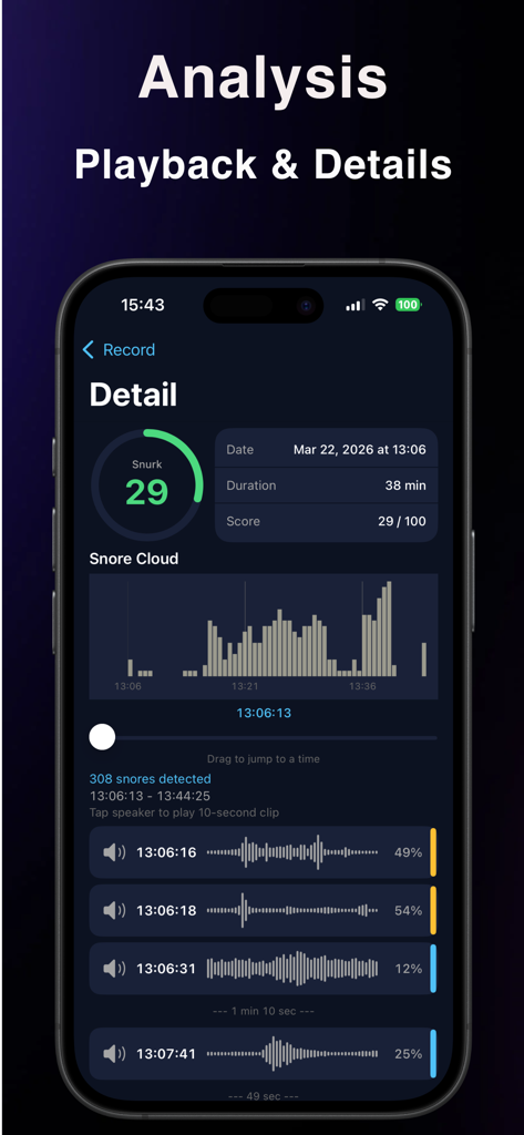 SnoreTracker:Snoring Recorder - SnoreTracker analysis screen showing snore intensity chart and audio recording playback