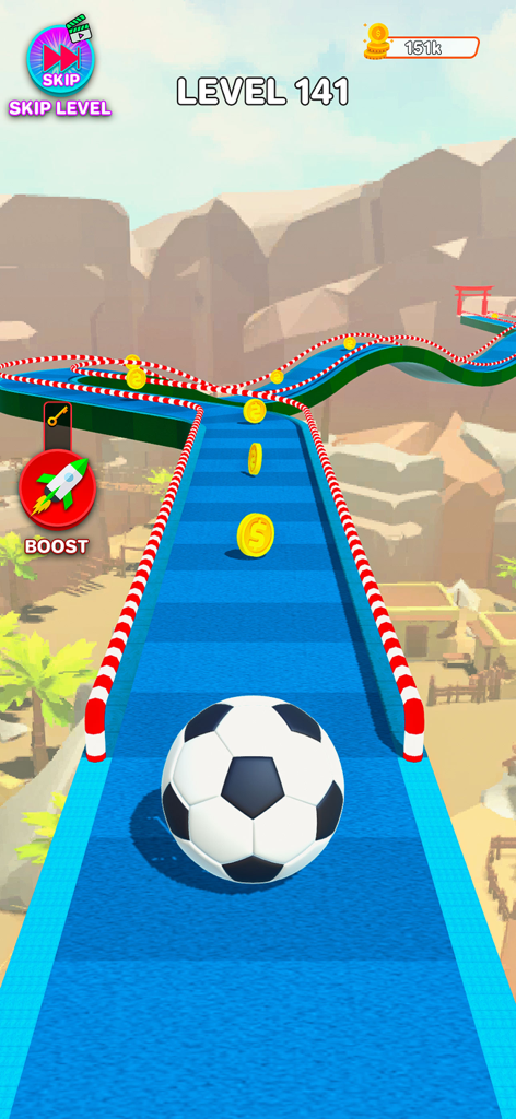 Sky Rolling : Going Balls - A soccer ball rolling on a blue sky track collecting coins in Sky Rolling Going Balls