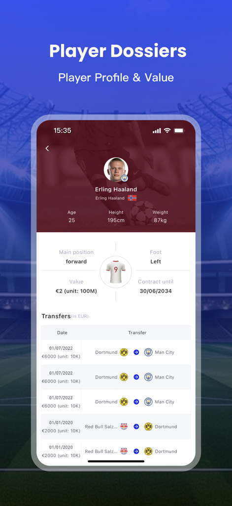 KBall app screen showing a player dossier for Erling Haaland with statistics and market value