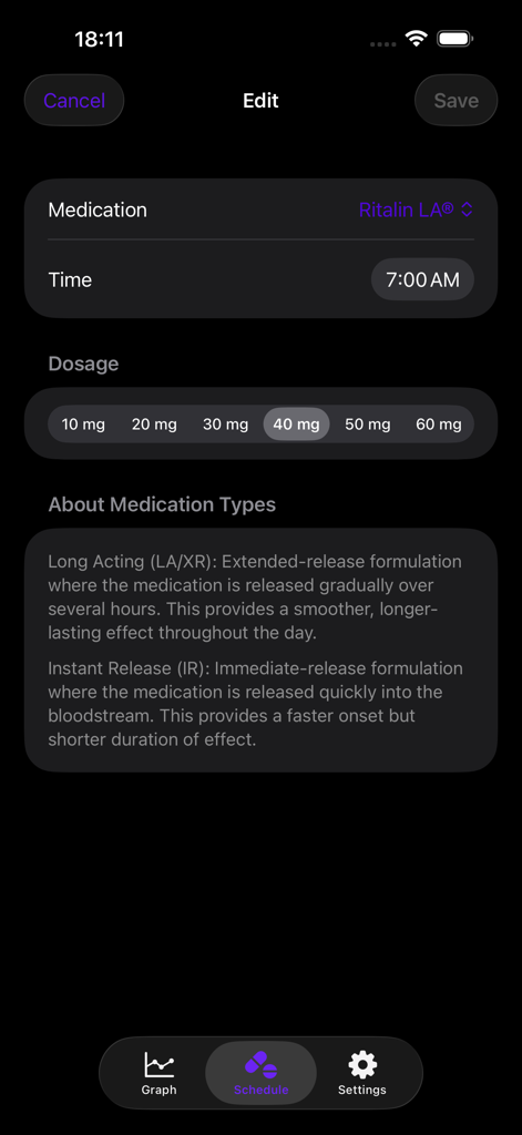 Interfaz de la aplicación Schedurall para editar el horario de medicación para el TDAH, incluyendo la dosis y la configuración de la hora.