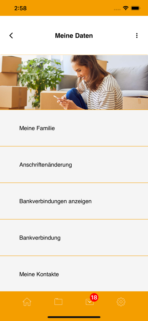 BKK firmus mobile app interface showing user data management options like address change and bank details