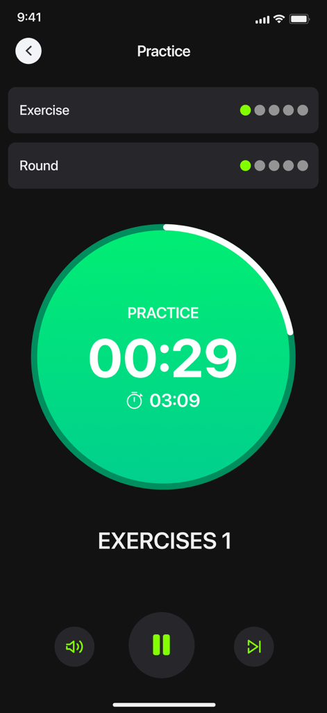 Interval timer · Hiit timer - 練習セッション中に緑色のカウントダウンサークルを表示するクリーンなHIITインターバルタイマーインターフェース。