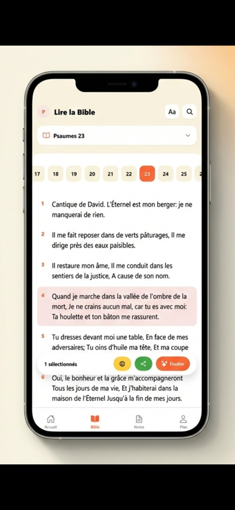 Mobile App-Oberfläche der französischen Louis Segond 1910 Bibel, die Psalm 23 anzeigt