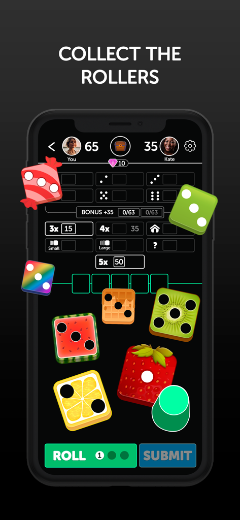 Lucky Rollers gameplay screen showing a collection of custom fruit themed dice and scoreboard