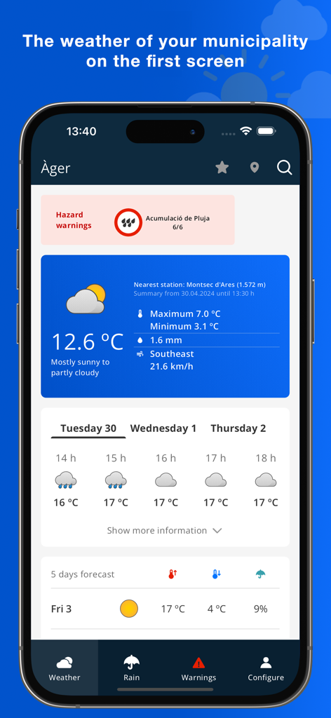 Interface de l'application Meteocat affichant les prévisions météorologiques d'une municipalité et les avertissements de dangers