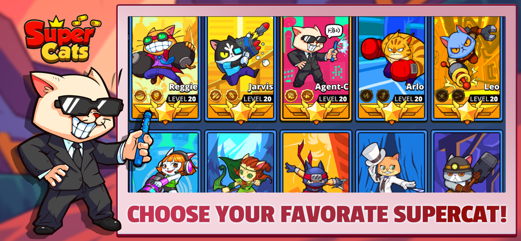Supercats - Una variedad de personajes gato antropomórficos para elegir en el menú del juego Supercats.
