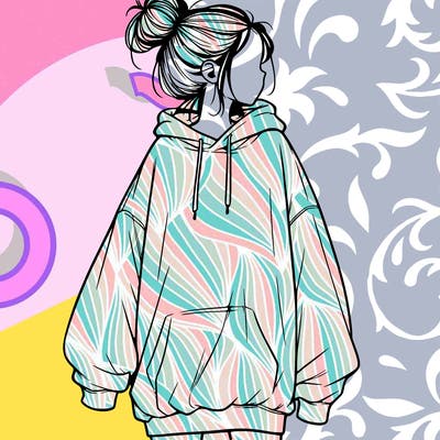 realistic girl with a oversized sweatshirt on and a bun