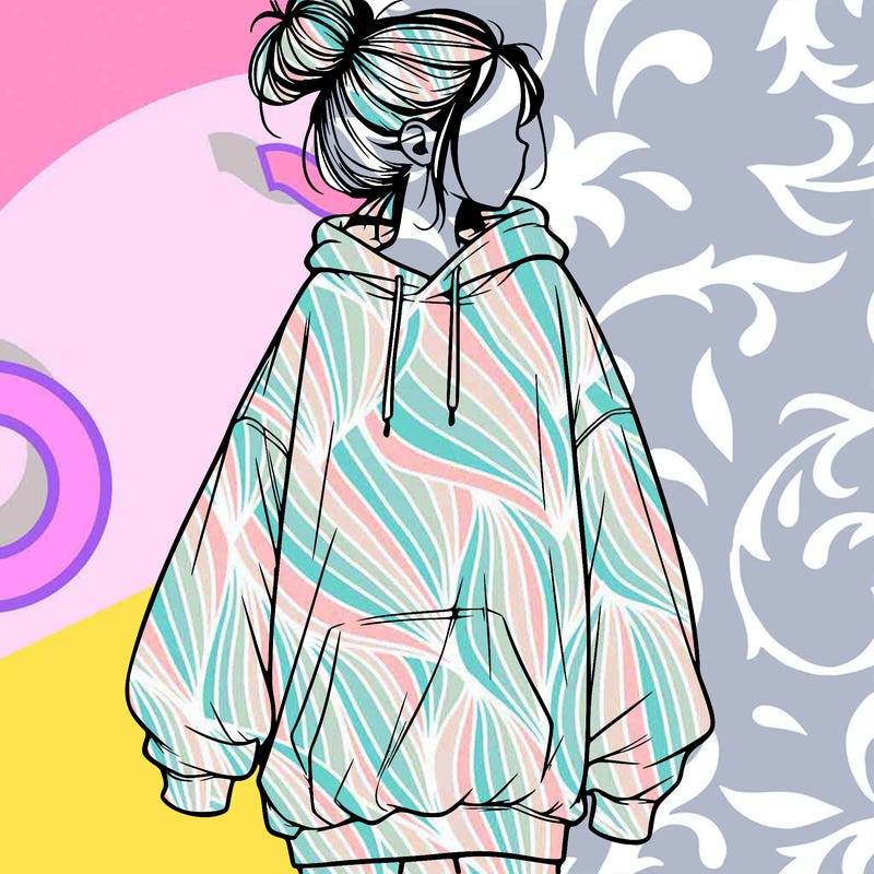 realistic girl with a oversized sweatshirt on and a bun