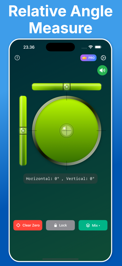 Level Tool ™ - Interfaz de la aplicación Level Tool que muestra la medición de ángulo relativo con burbuja digital y niveles circulares