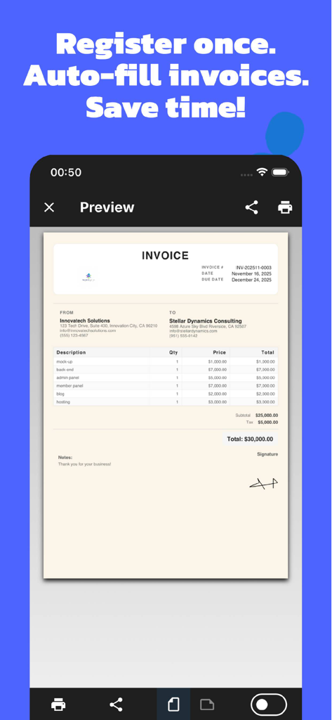 Simple Invoice Pro creator - ビジネス情報と合計金額が表示されたプロフェッショナルな請求書のプレビューを示すモバイルアプリ画面