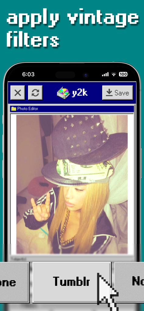 y2k: 2000s photo editor - Smartphone screen showing the y2k app applying a vintage filter to a 2000s style selfie