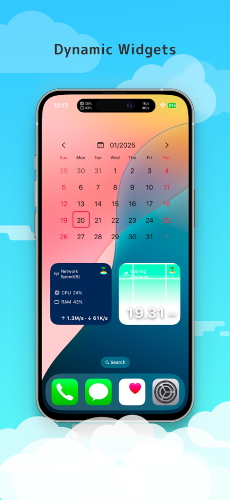 Island Widgets - Pantalla de inicio de iPhone con widgets personalizados para calendario, estadísticas del sistema y distancia de ciclismo.