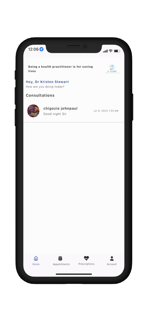 Ganat E-Clinic: Health Workers - Ganat E-Clinic health worker app dashboard showing a consultation list for a healthcare professional.