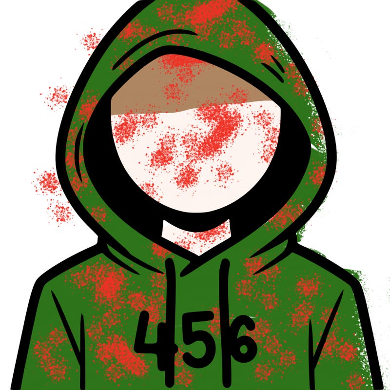 a person with non face waering a hoodie with a 456 symbol