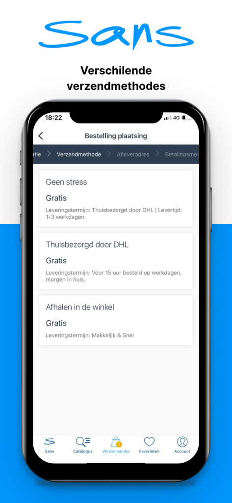 Sans online shopping app screen showing free shipping and delivery methods in the checkout process