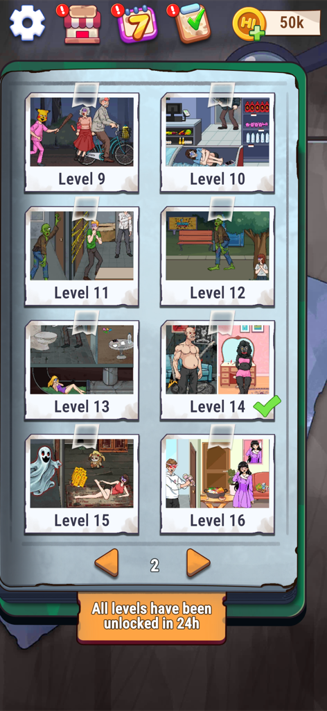 Nightmare Story: Tricky Quest - Level selection menu for Nightmare Story Tricky Quest showing several creepy puzzle scenarios in a polaroid style journal