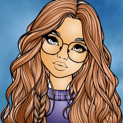 girl with long hair and freckles and glasses realistic