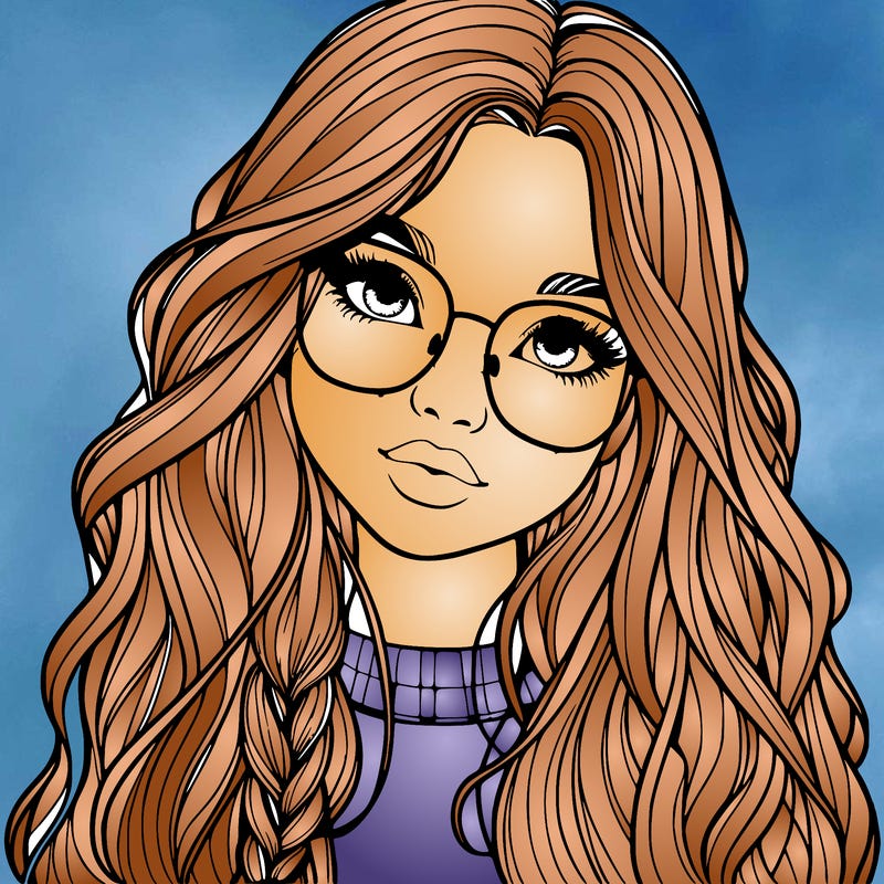 girl with long hair and freckles and glasses realistic