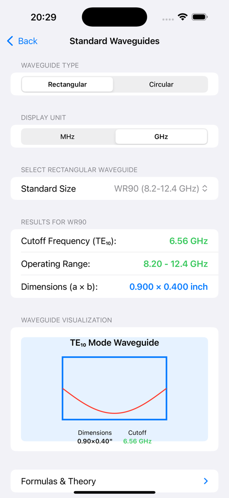 RF & Ham Radio Toolkit - RF and Ham Radio Toolkit app interface showing rectangular waveguide specifications and visualization