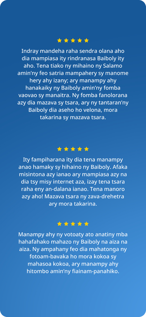TTB Malagasy Fianarana Baiboly - Three 5-star user reviews in Malagasy for the TTB Bible study app.