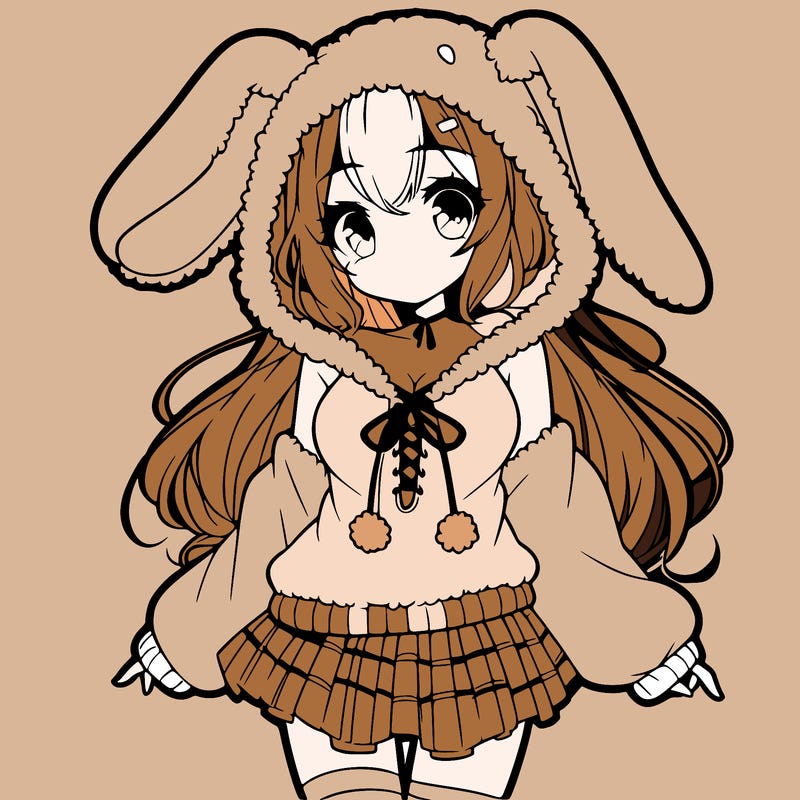 pretty anime girl wearing a fluffy hoodie with bunny ears on the hood and a skirt