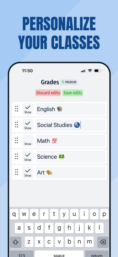 GradePro: Grades & GPA - Interface of the GradePro app showing how students can customize and rename their class list using emojis.