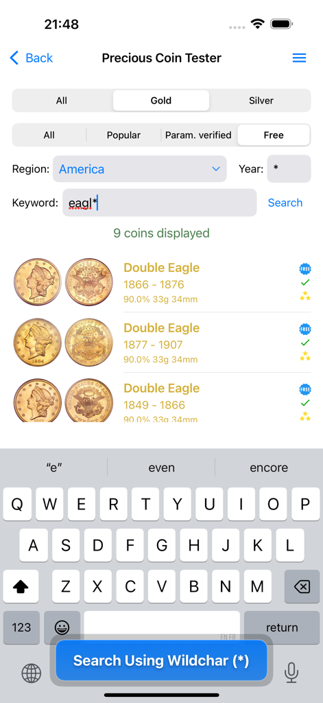 Precious Coin Tester - Precious Coin Tester app search interface showing results for American gold Double Eagle coins from its database.