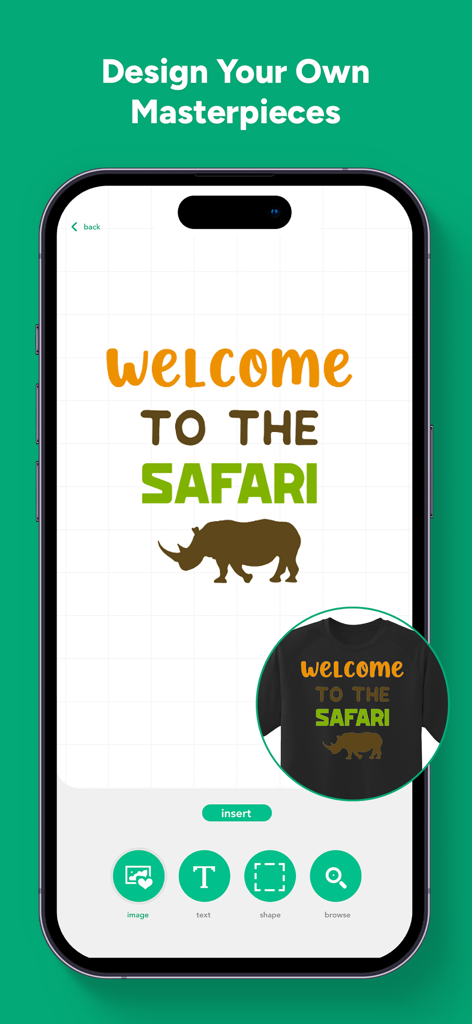 Design Creator Space - A mobile app interface displaying a custom safari themed t-shirt design with a rhino icon