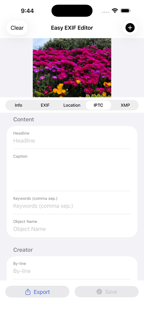 Easy Exif Editor - IPTC metadata editing screen in Easy Exif Editor for a photo of pink flowers