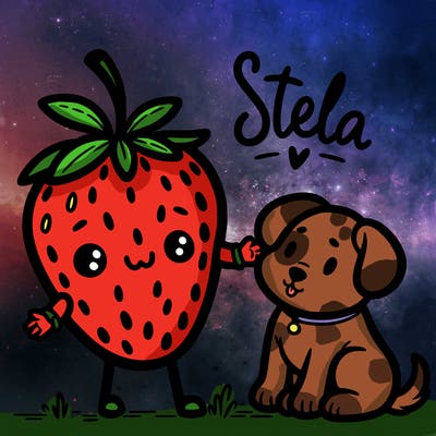 a cute little strawberry with arms and legs and a face petting a cute little puppy dog with the words "stella" written above them