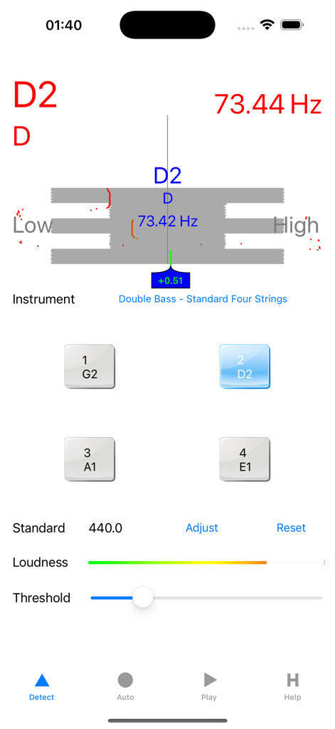 Interface of the Double Bass Tuner app showing real time frequency detection and pitch accuracy for a four string upright bass