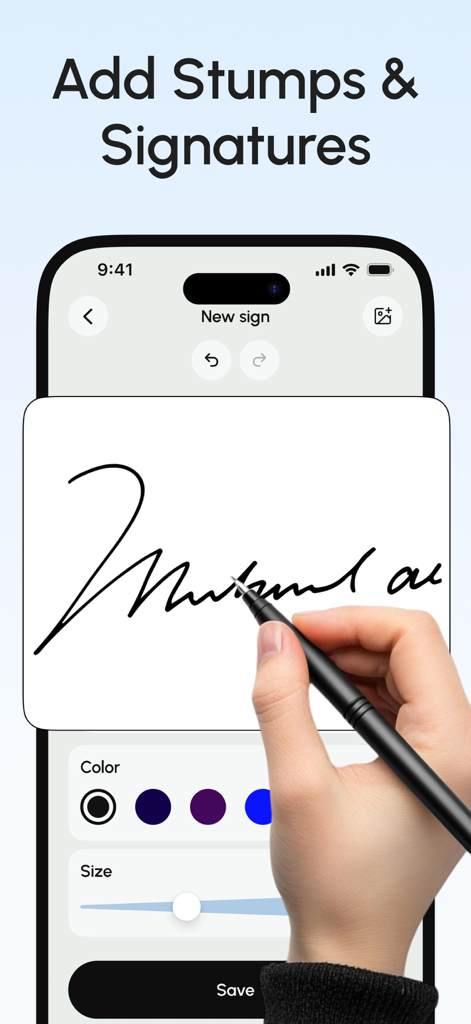 A user drawing a digital signature with a stylus on an iPhone using the eSign app