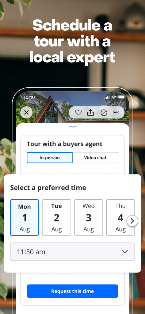 Zillow-Mobile-App-Oberfläche zur Planung einer persönlichen oder Video-Chat-Hausbesichtigung mit einem Immobilienmakler