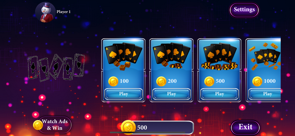 Yanik - Lobby screen of Yanik card game showing various betting levels with gold coins