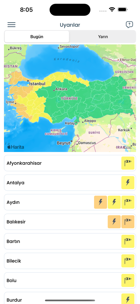Hava Durumu Meteoroloji - Official Turkish weather app showing a map of Turkey with meteorological warnings and a list of city alerts