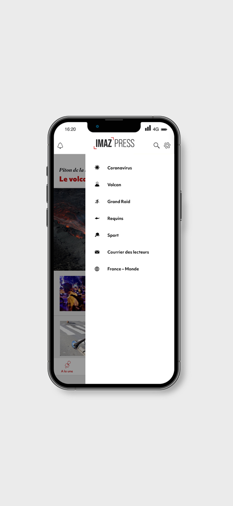 Imaz Press - A smartphone displaying the sidebar navigation menu of the Imaz Press news app with various topical categories.