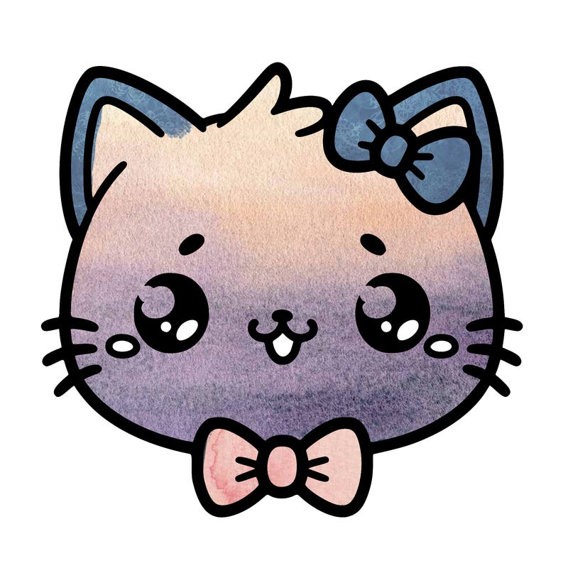 kawaii cat with a bow tie hanging from his ear