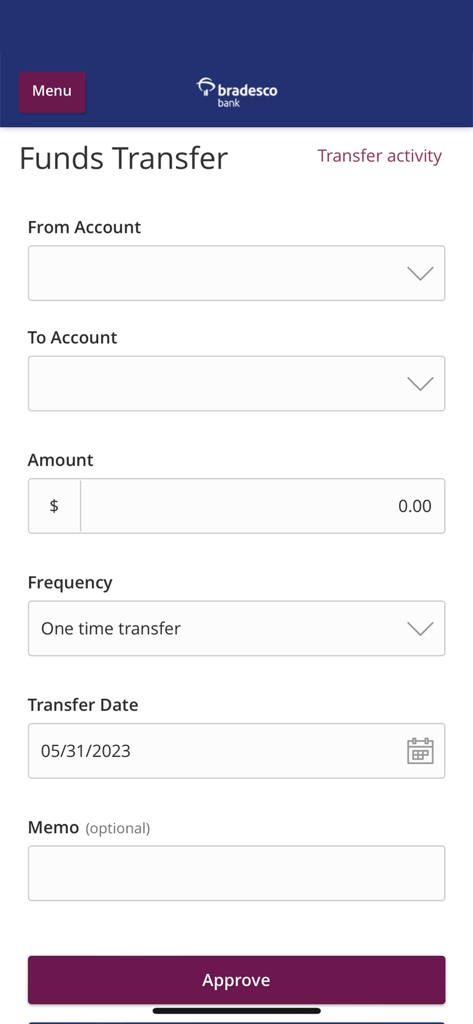 Bradesco Bank - Funds transfer screen on the Bradesco Bank mobile app showing account selection and amount fields.