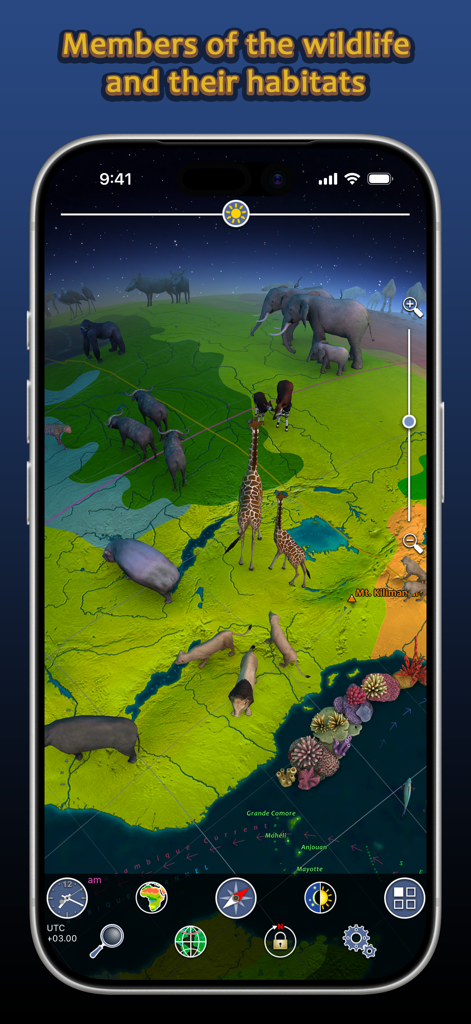A 3D interactive map of Africa showing various wildlife animals like elephants and giraffes in their natural habitats.