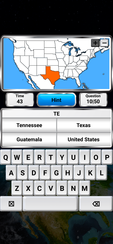 World Geography quiz game screen showing a map of the USA with the state of Texas highlighted in orange and multiple choice answers.
