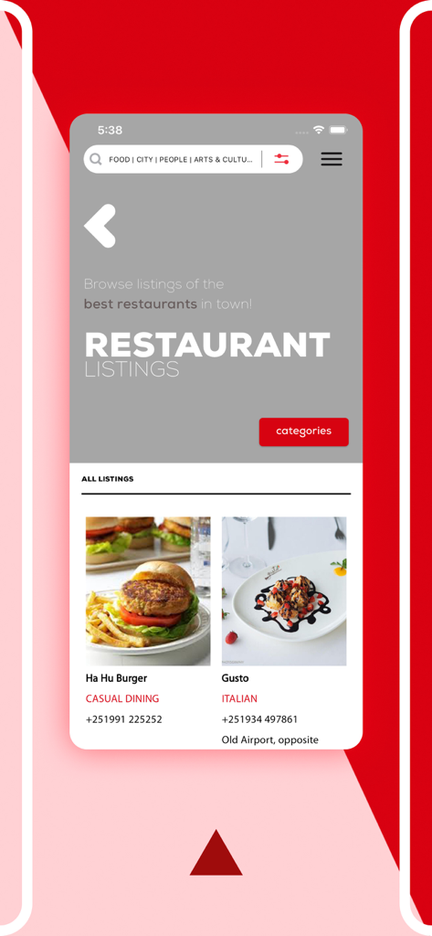 What’s Out Addis - A restaurant listings screen from the Whats Out Addis app showing local dining options in Addis Ababa.