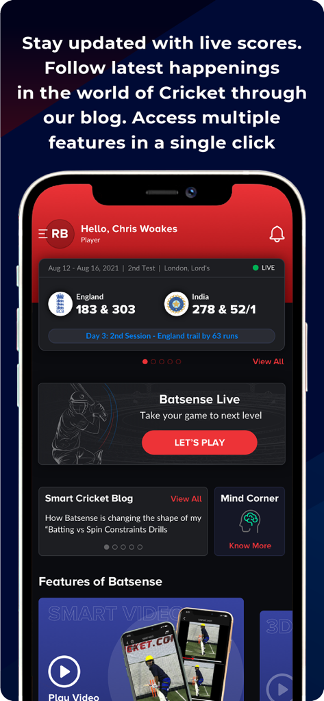 SmartCricket - BatSense - SmartCricket app dashboard interface showing live cricket scores and training features