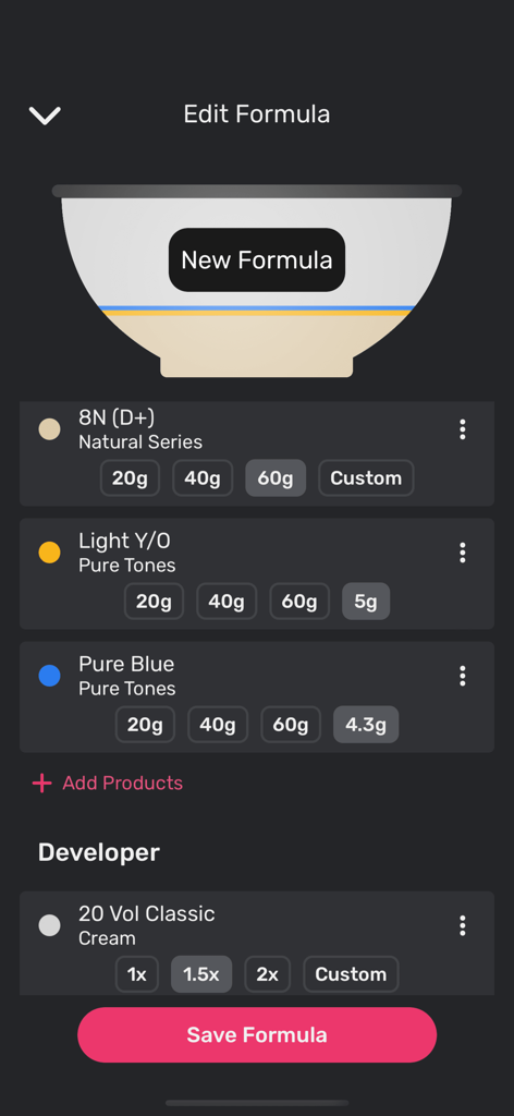 Interface de l'application Vish 2.0 pour le mélange et l'enregistrement de formules de couleur de cheveux professionnelles